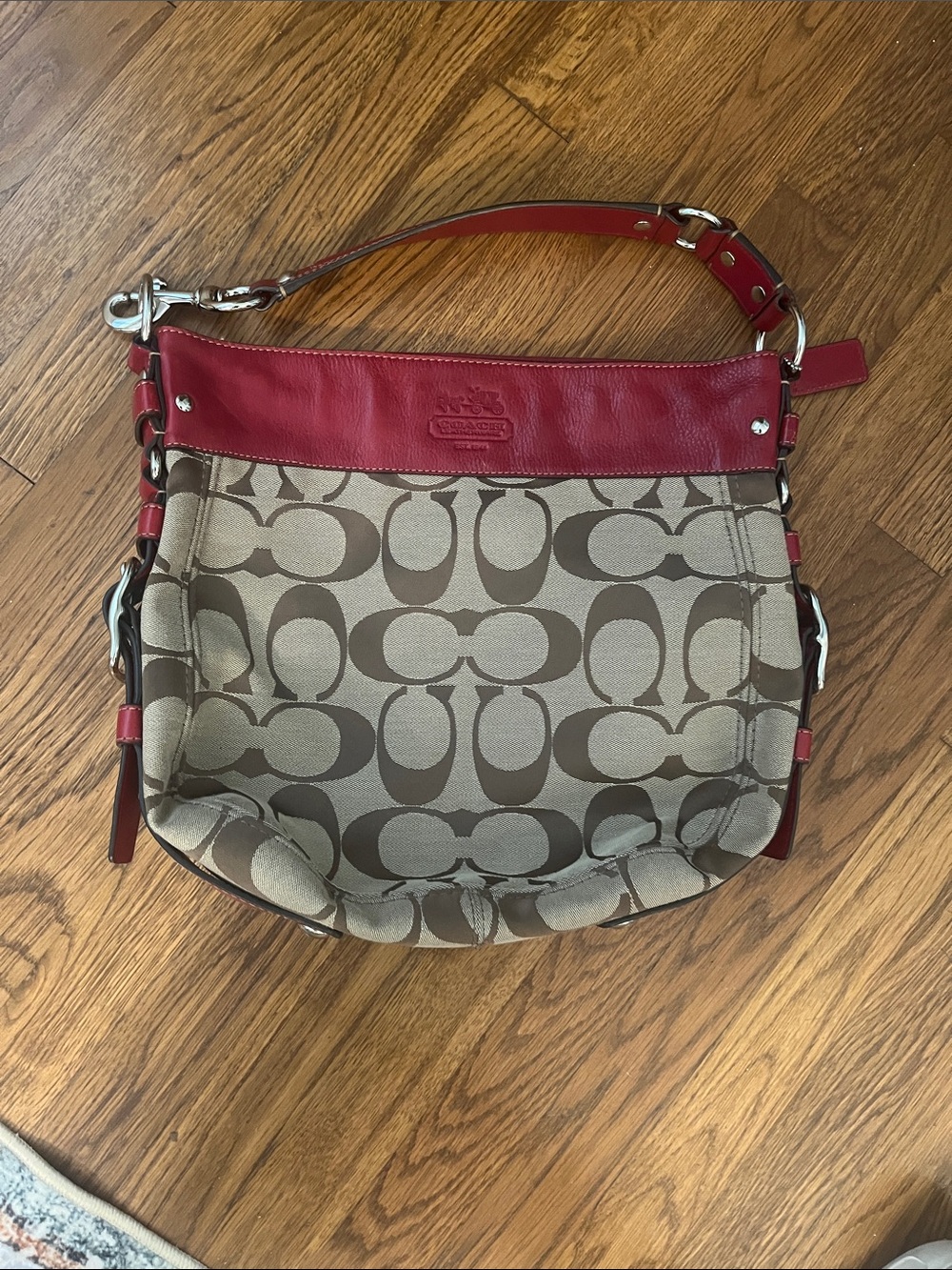 Coach Beige Signature Canvas Shoulder Bag with Red Trim